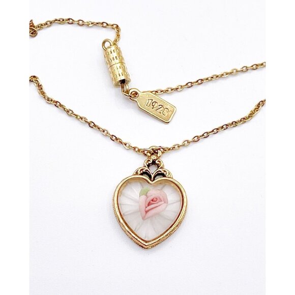 1928 Jewelry Co Camphor Glass Style Heart Necklace Pink Rose Gold Tone Victorian - Picture 1 of 8